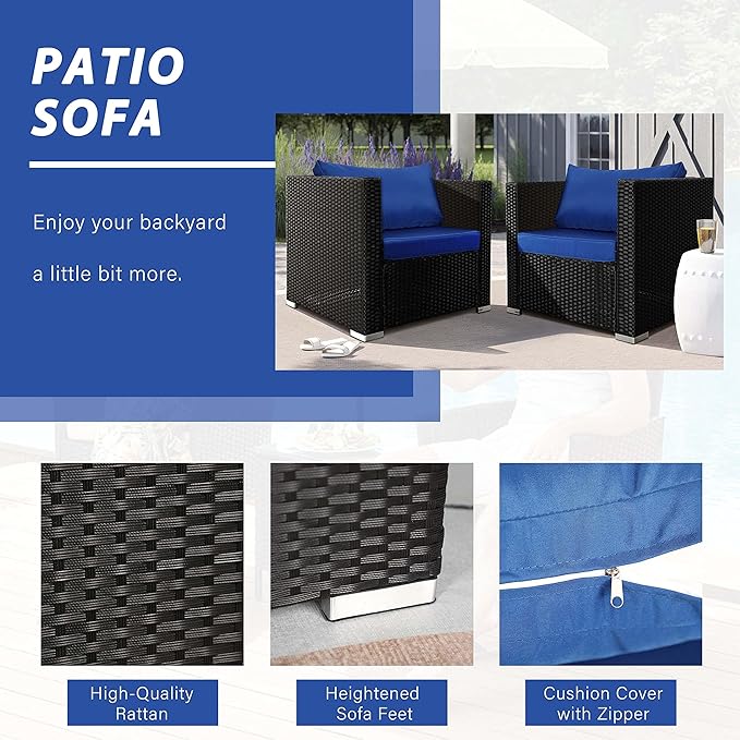Wicker Patio Chairs,Outdoor Rattan Chairs with Cushion,Patio Furniture for Gardens, Backyards, Balconies,Poolside(Blue)