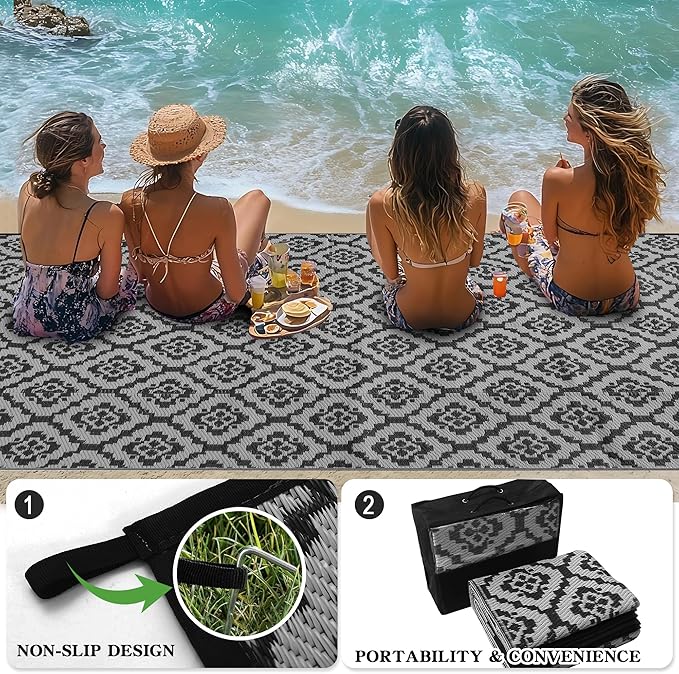 Wallona Outdoor Rugs 9x12 ft Patio Waterproof Clearance Indoor Outdoor Large Carpet for Patio Plastic Straw Reversible Area Rugs Mat for RV, Camping, Balcony, Beach, Picnic, Porch, Brick Black & Grey