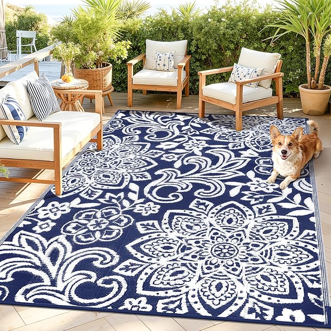 Findosom Waterproof Outdoor Rug 5' x 8' - Reversible Mandala Outdoor Plastic Straw Rug, Durable Foldable Patio Rug for RV, Deck, Balcony, Backyard, Picnic, Porch, Camping, Beach, Navy