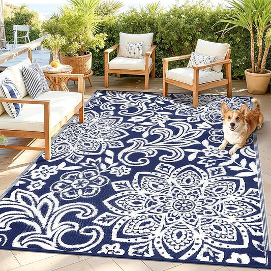 Findosom Waterproof Outdoor Rug 5' x 8' - Reversible Mandala Outdoor Plastic Straw Rug, Durable Foldable Patio Rug for RV, Deck, Balcony, Backyard, Picnic, Porch, Camping, Beach, Navy