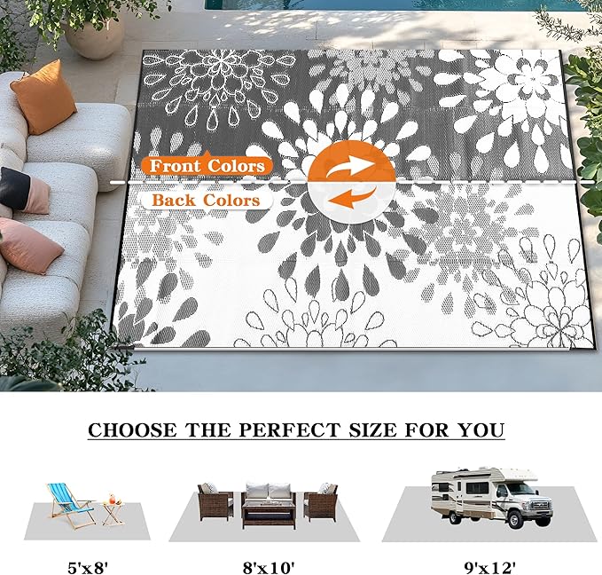 Wallona Outdoor Rugs 8x10 ft Patio Waterproof Clearance Indoor Outdoor Large Carpet for Patio Plastic Straw Reversible Area Rugs Mat for RV, Camping, Balcony, Picnic, Porch, Flower Grey & White