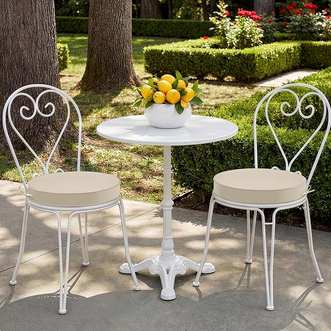 Outdoor Bistro Chair Cushions Set of 2, 15" D x 3" H Round Chair Cushions Waterproof and Fade Resistant Chair Cushion Pads with Non-Slip Ties and Removable Covers for Garden, Cream
