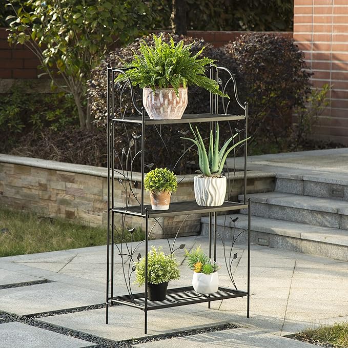 Glitzhome 44.75" H 3-Tiered Metal Shelf Plant Stand, Farmhouse Rectangular Storage Organizer Shelf for Indoor Outdoor Home Decor