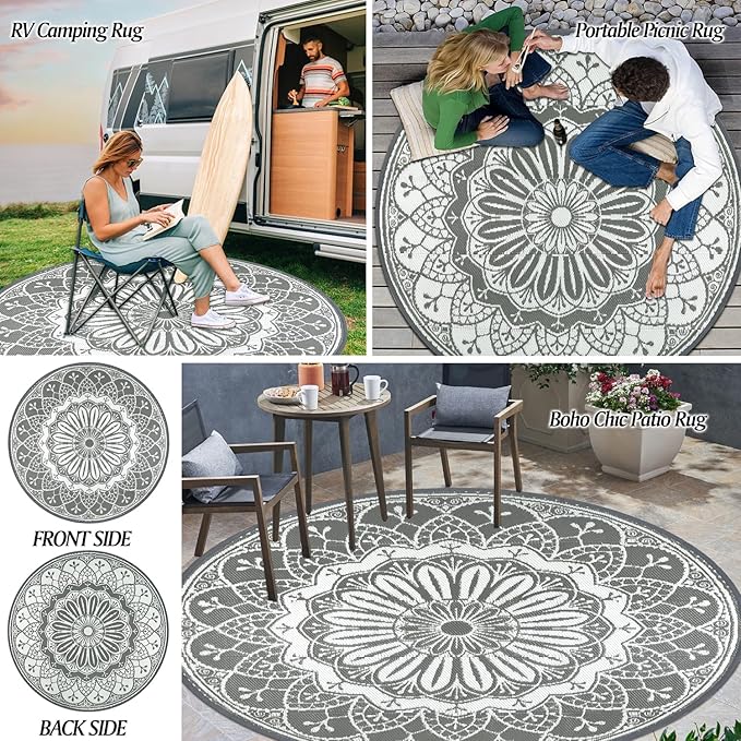 Cekene Round Outdoor Rugs for Patio 6Ft Waterproof Reversible Outdoor Patio Rugs Grey Lightweight Plastic Straw Rugs Portable RV Camping Mat Floor Carpet for Deck Porch Picnic BBQ