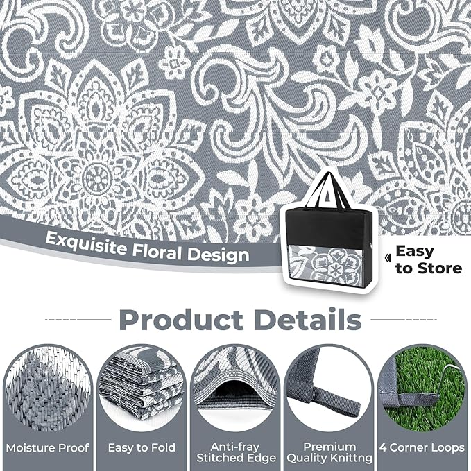 Findosom Waterproof Outdoor Rug 5' x 8' - Reversible Mandala Outdoor Plastic Straw Rug, Durable Foldable Patio Rug for RV, Deck, Balcony, Backyard, Picnic, Porch, Camping, Beach, Gray