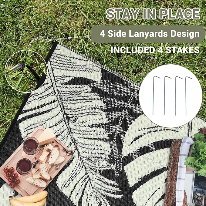 Waterproof Plastic Straw Outdoor Rug 9x18 Patio Reversible UV Resistant Foldable Camping Carpet Modern Leaf Print Large Outdoor Rugs for Deck, Porch, Camper, Balcony, Beach，Black/Beige