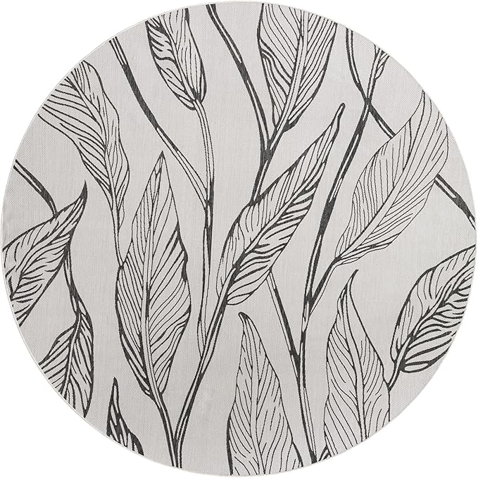 Unique Loom Outdoor Botanical Collection Area Rug - Leaf (10' 8" Round, Charcoal Ivory)