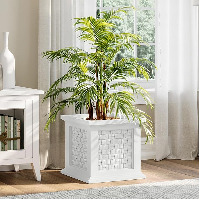 Rattan Style Outdoor Planter Box - 14.65-Inch-Square Decorative Flower or Plant Pot - Garden, Patio and Front Porch Decor by Pure Garden (White)