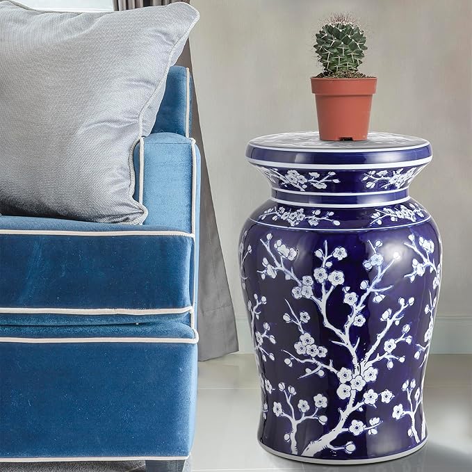 JONATHAN Y TBL1017A Cherry Blossom 17.7" Ceramic Indoor/Outdoor Garden Stool, Coastal, Contemporary, Transitional, Side Table, Plant Stand, Spill-Proof, Living Room, Garden Room, Patio, Navy/White