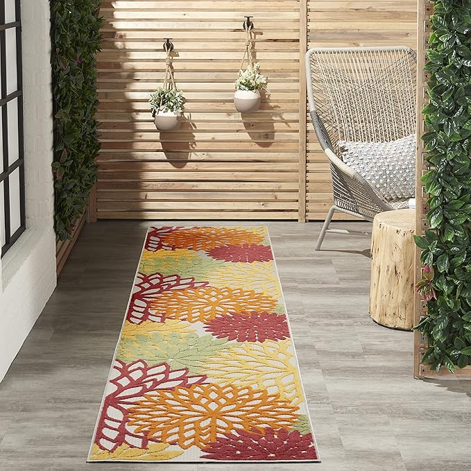 Nourison Home Aloha Indoor/Outdoor Red Multi Colored 2'3" x 10' Area Rug, Tropical, Botanical, Easy Cleaning, Non Shedding, Bed Room, Living Room, Dining Room, Deck, Backyard, Patio (2x10)