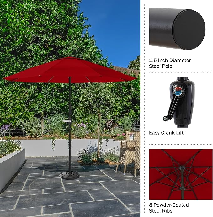 Pure Garden Patio Umbrella with Vented Canopy - 9 Ft Easy Crank Outdoor Umbrella for Shade - For Deck, Balcony, Porch, Backyard, or Pool (Red)