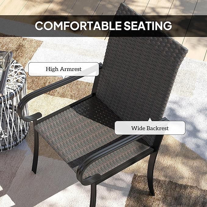 Outsunny Set of 4 Outdoor Wicker Dining Chairs, All-Weather Rattan Armchairs with Armrests, Steel Frame, Highback and Deep Seating, for Garden, Patio, Deck, Yard, Poolside, Brown