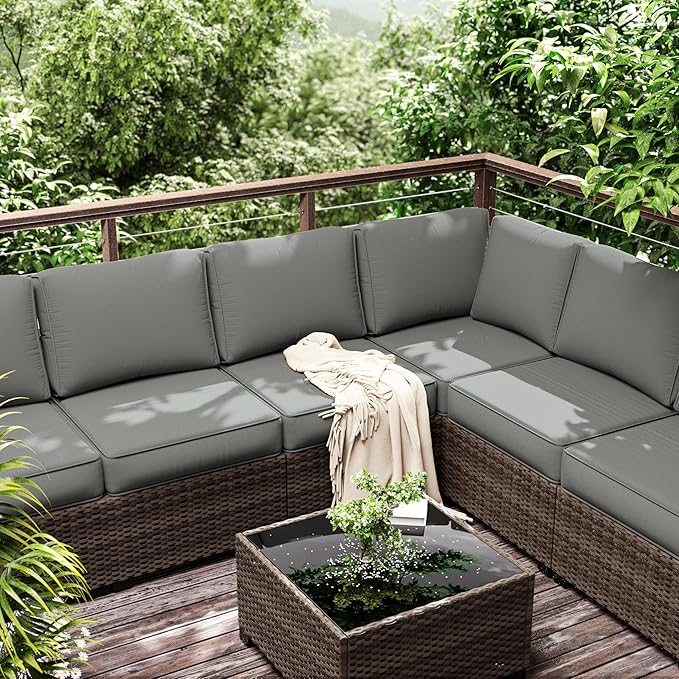 Outdoor Furniture Replacement Cushions, 5" Foam Foam High-Density, Fits 6-seat Sectional Rattan Conversation Set, 14 Piece Patio Water-Resistant Replacement Sofa Cushions, Liner&Cover