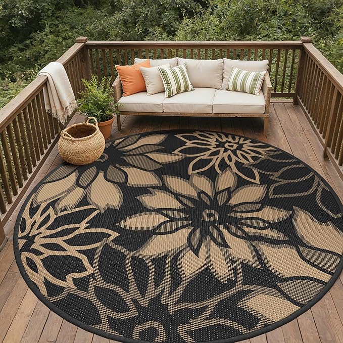 GENIMO Outdoor Rug Waterproof for Patio Decor, 10' Round Reversible Plastic Straw Floral Camping Carpet, Large Area Rugs Mats for RV, Camper, Deck, Balcony, Porch, Beach, Picnic, Black & Brown