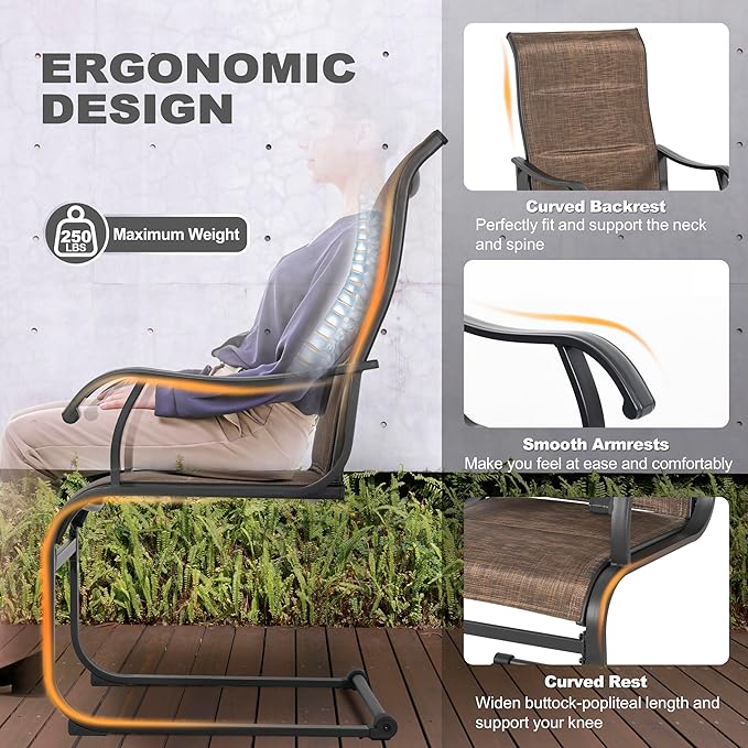 NUU GARDEN Patio Dining Chairs Set of 2, All Weather Outdoor Padded Textilene Patio Chairs, Breathable Spring Motion Textile High Back Outdoor Dining Chairs for Backyard, Lawn, Deck, Brown