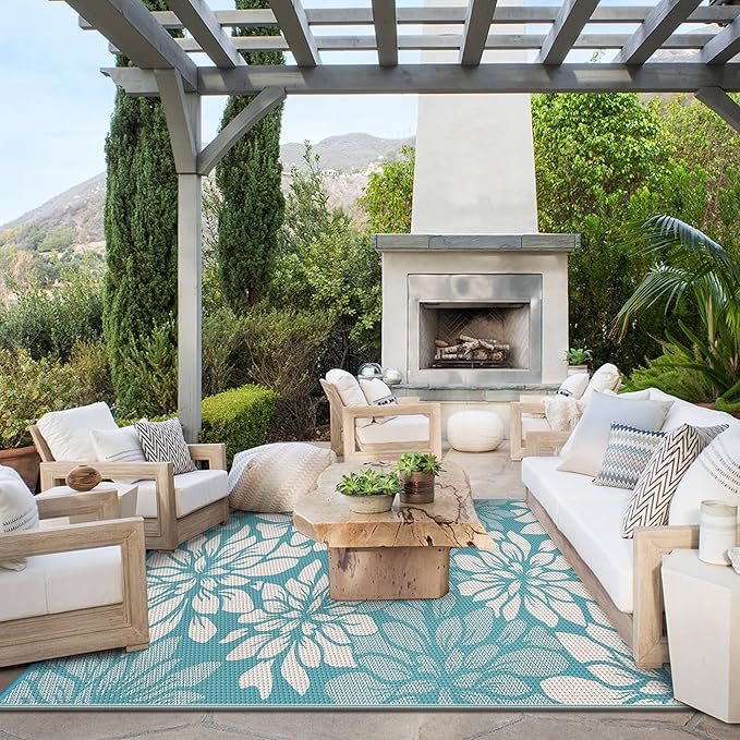 GENIMO Outdoor Rug Waterproof for Patio Decor, 6' x 9' Reversible Plastic Straw Floral Camping Carpet, Large Area Rugs Mats for RV, Camper, Deck, Balcony, Porch, Beach, Picnic, Blue & Beige
