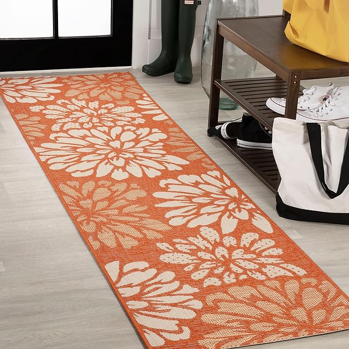 JONATHAN Y Floral Textured Weave Indoor Outdoor Runner Rug 2X8 Orange/Cream, Zinnia Modern for Backyard, Patio, Porch, Easy-Cleaning, High Traffic, Pet-Friendly, Non-Shedding (SMB110E-28)