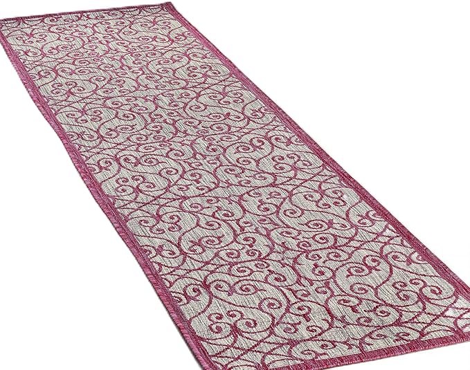 JONATHAN Y Vintage Filigree Indoor Outdoor Runner Rug 2X10 Light Gray/Fuchsia, Madrid Textured Weave for Backyard, Patio, Porch, Easy-Cleaning, High Traffic, Pet-Friendly, Non-Shedding (SMB107I-210)