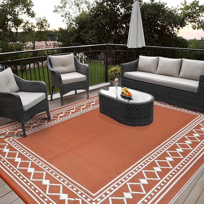 Garvee Outdoor Rug 8x10, Patio Rug Waterproof Plastic Straw Waterproof Reversible Patio Mat, Plastic Straw Rug for RV, Camping, Deck, Balcony, Easy Clean & Portable,Terracotta/White