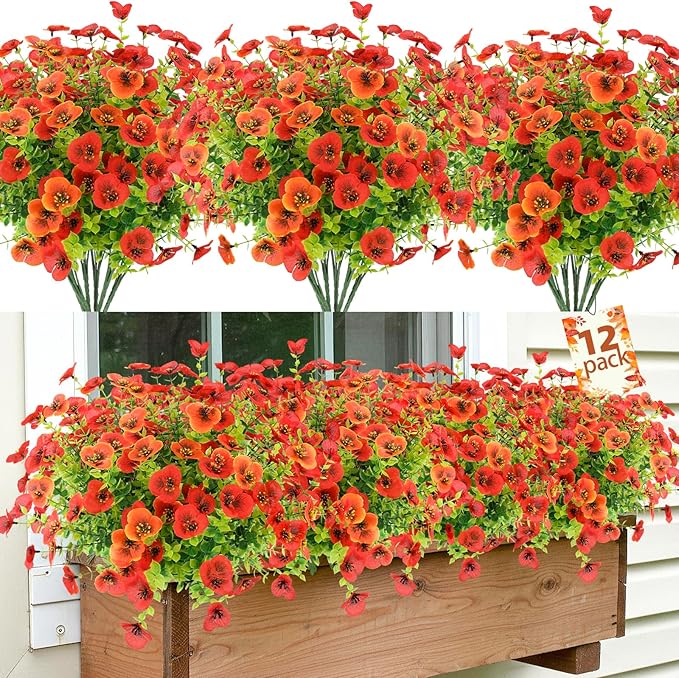 MACTING Fall Artificial Flowers for Outdoors 12 Bundles Fake Pansies UV Resistant Outdoor Faux Plants Plastic Greenery Shrubs for Planters Garden Patio Porch Balcony Outside Autumn Thanksgiving Decor
