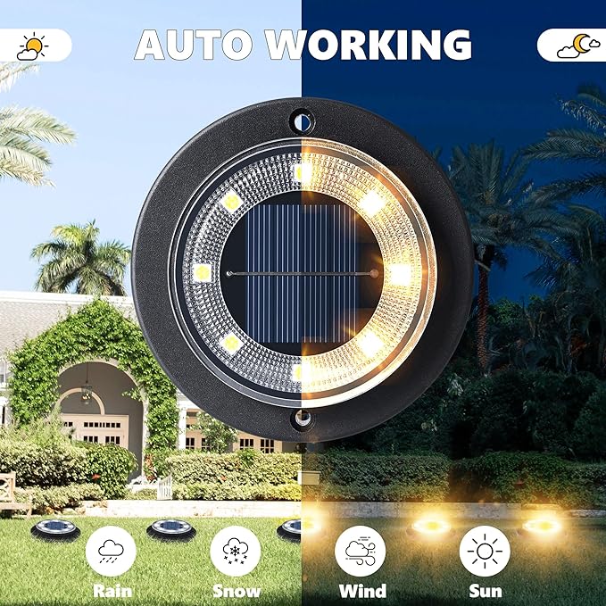 Flacchi Solar Ground Lights - Solar Powered Lights Outdoor Solar Disk Light Waterproof Landscape Light for Patio Yard Pathway Walkway Driveway (Warm White, 2 Pack)