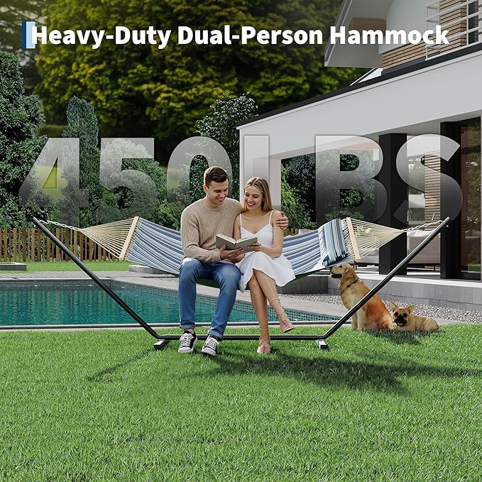 GarveeLife Outdoor Double Hammock with Heavy Duty Adjustable Steel Stand, Portable 2 Person Hammock for Patio Garden Beach Backyard