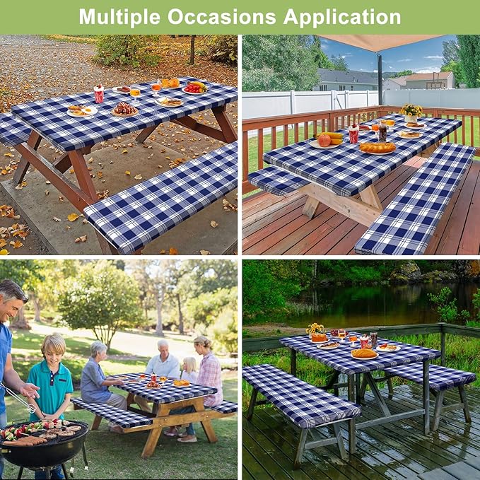 Picnic Table Cover with Bench Covers Camping Essentials Waterproof Windproof Camping Tablecloth with Drawstring Bag, Fitted Rectangle Tables and Seats, 96in, Blue Checkered