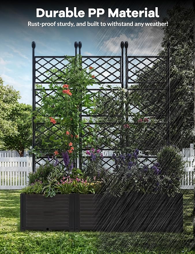 3 PCS Raised Garden Bed with Trellis, 66" w x 63" Tall Vertical Planter Box for Climbing Plants, Patio Privacy Screen & Balcony Garden, Sturdy Metal Frame, Lightweight