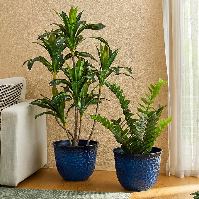 Glitzhome 15.25" D Faux Ceramic Planters, Set of 2 Honeycomb Textured Gradient Cobalt Blue Plant Pots with Drainage Hole, Modern Plastic Round Flower Pots Containers for Home Garden Patio Balcony