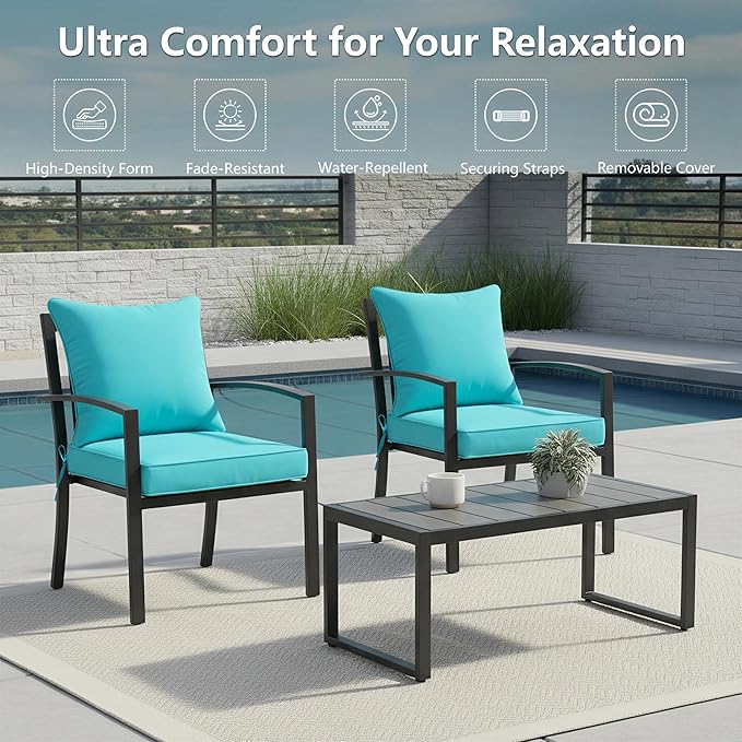 22x22 Inch Patio Chair Cushions Set of 2, Outdoor Furniture Cushions - Removable Cover, Water-Repellent, Fade-Resistant, Non-Slip Bottom & Straps, Replacement for Lawn, Porch & Deck Chair - Teal