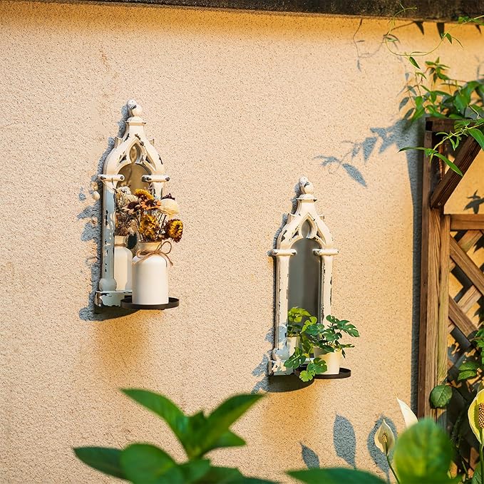 Rustic Mirror Wall Candle Sconces Set of 2 - Shabby Chic Decor Candle Holder French for Farmhouse Bathroom Living Room Mirrored Sconce