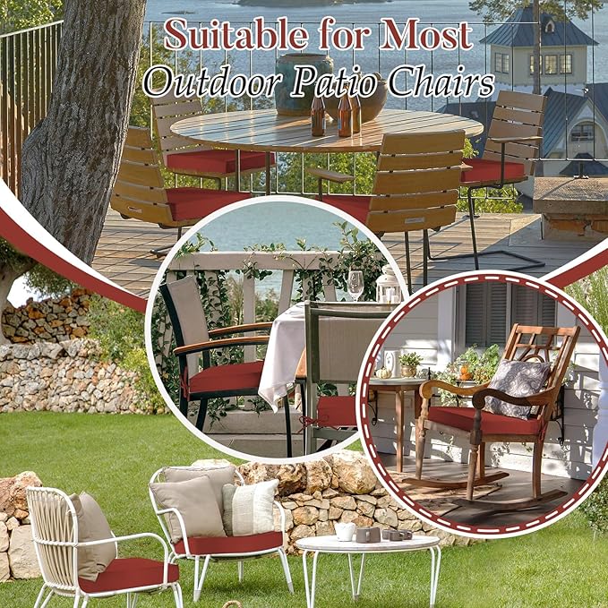 Basic Beyond Outdoor Chair Cushions for Patio Furniture, Waterproof Outdoor Seat Cushions Set of 4 19 x 19, Patio Chair Cushions Set of 4 with Ties and Handle, Brick Red