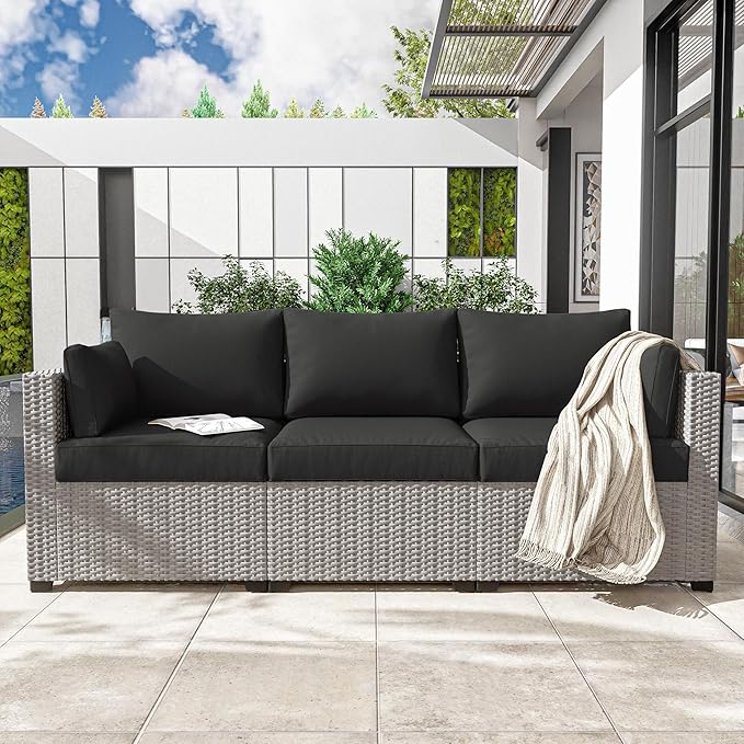 Outdoor Furniture Replacement Cushions, Waterproof Patio Furniture Cushions, 4" Deep Seat Outdoor Sectional Cushion for 3-Seat Outdoors Rattan Sofa Patio Sofa Cushion, Black