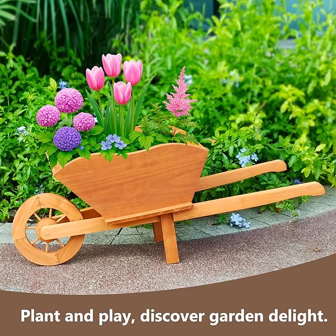 Beipoo Decorative Wooden Wagon Planter Box, Wood Wheelbarrow Planter with Handles, Drainage Hole, Wagon Garden Planter, Flower Cart for Indoor Outdoor Decor