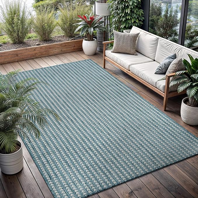 Washable Outdoor Rug 6x9 Modern Area Rugs Outdoor Carpets Striped Pattern Non Shedding Waterproof Easy Clean Patio Deck Porch Living Room Bedroom Garden RV (6 X 9 Aqua)
