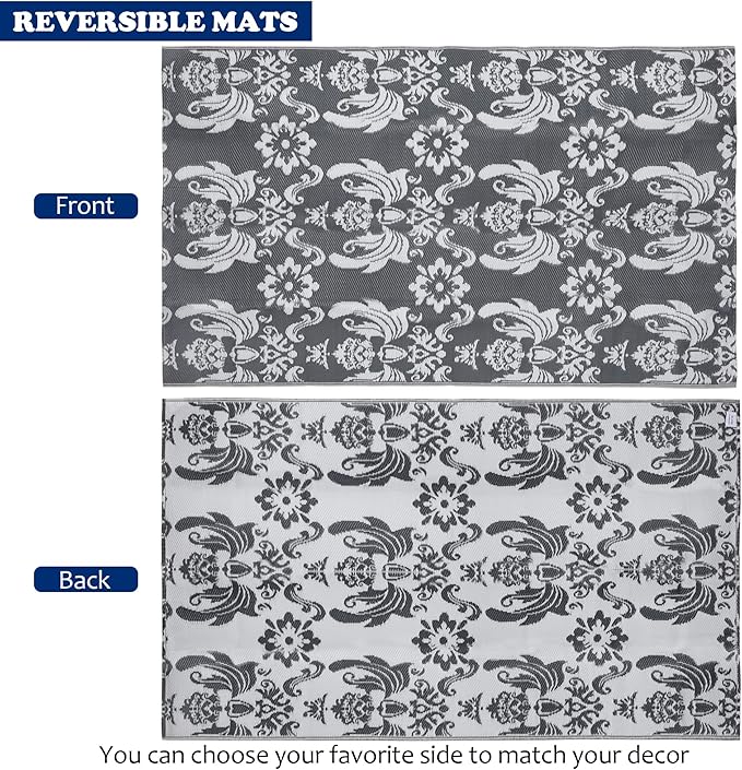Reversible Mats, Plastic Modern Straw Area Rug, Large Floor Mat for Outdoors, RV, Patio, Backyard, Deck, Picnic, Beach, Camping (Baroque Grey & White, 5' x 8')