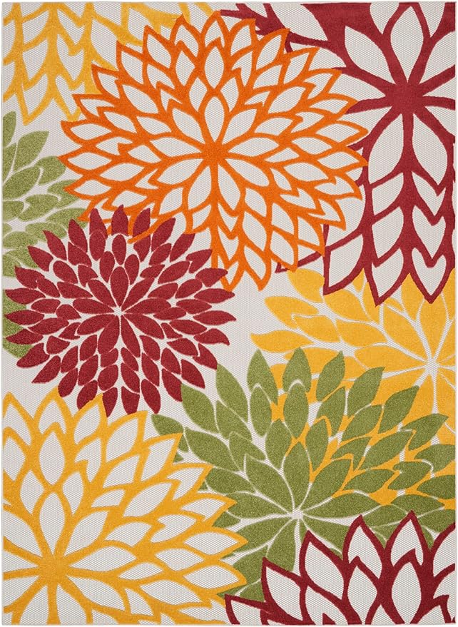 Nourison Home Aloha Indoor/Outdoor Red Multi Colored 7'10" x 10'6" Area Rug, Tropical, Botanical, Easy Cleaning, Non Shedding, Bed Room, Living Room, Dining Room, Deck, Backyard, Patio (8x10)