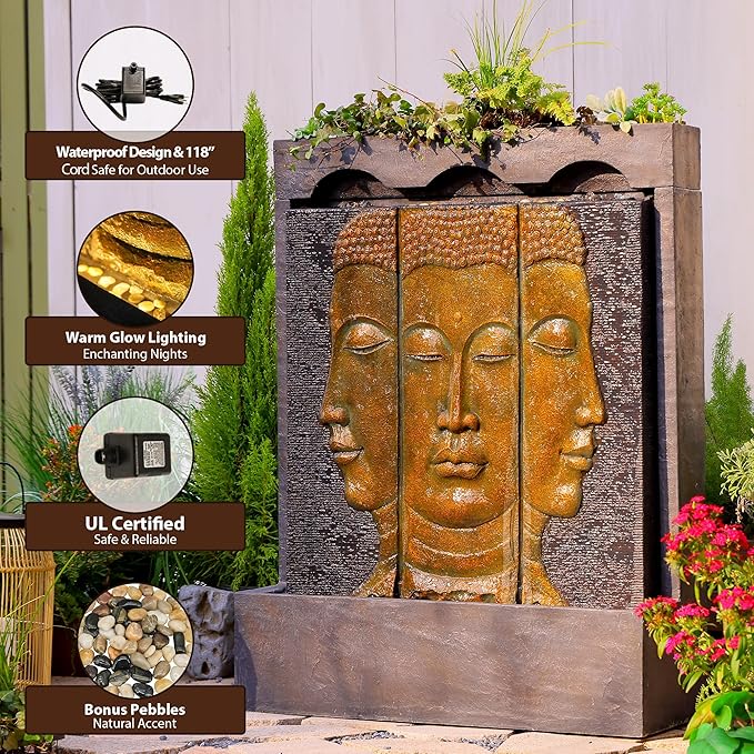 45" Outdoor Fountain Zen Buddha Face Wall Fountains and Waterfalls with Planting Groove for Meditation Room Balcony Home Garden Patio, Gold