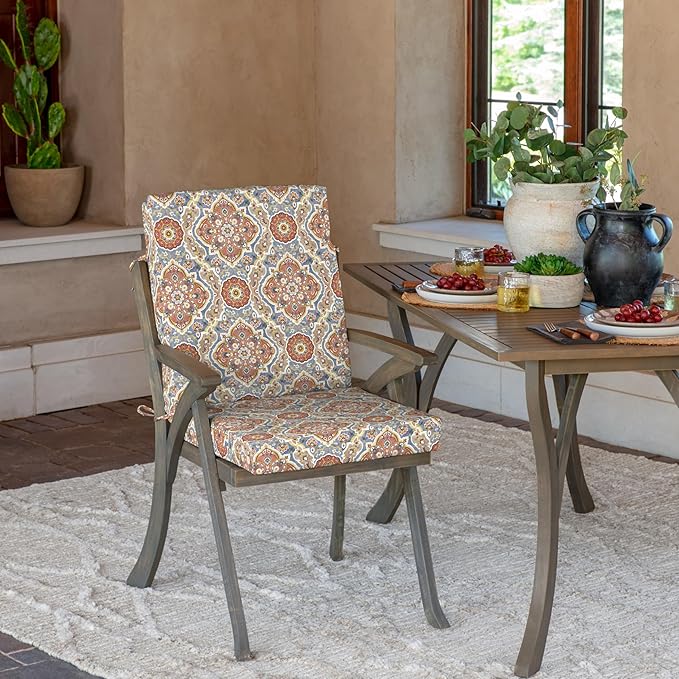 Arden Outdoor Patio Dining Chair Cushion, 20x44, Rain-Proof Seat Pad, Fade-Resistant Outdoor Cushion Global Vintage Medallion