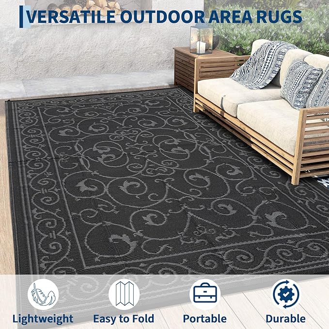 MilleLoomi Outdoor Rug 8x10 Waterproof Patio Rugs Vintage Reversible Mat for Front Door Rv Foldable Plastic Straw Carpet for Travel Trailers, Deck, Picnic, Porch, Camper, Balcony, Beach，Black Grey