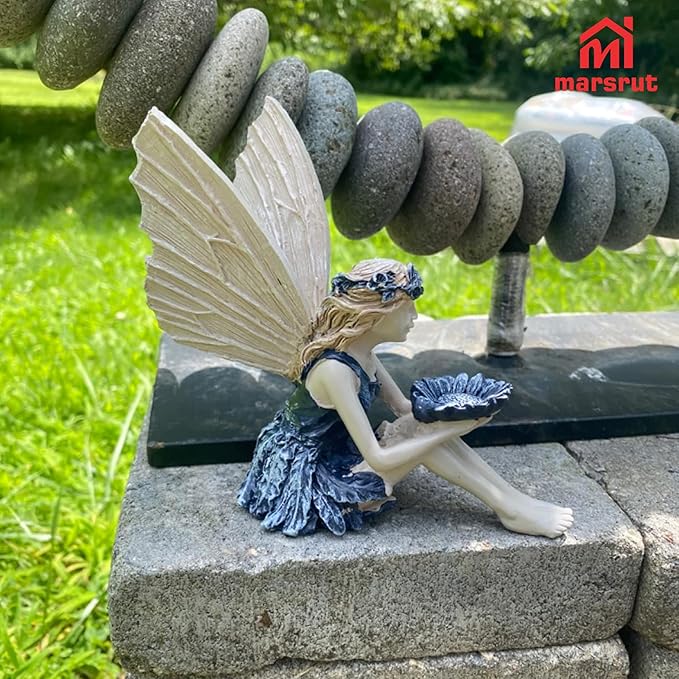 Marsrut Polyresin Sunflower Fairy Garden Statue - Sitting Angel Figurines with Bird Feeder | Decoration for Large Lawn, Bath, and Yard Outdoor Clearance (Size: 5.7 x 5.3 x 2.8)