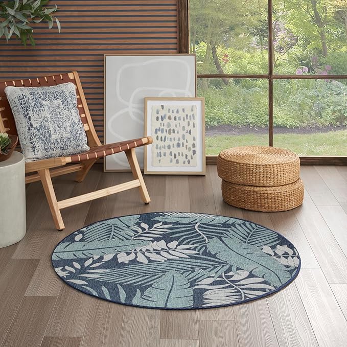 Nourison Home Garden Oasis Navy 4' x Round Area Rug - Easy Cleaning, Non Shedding, Bed Room, Living Room, Dining Room, Kitchen (4' x Round)
