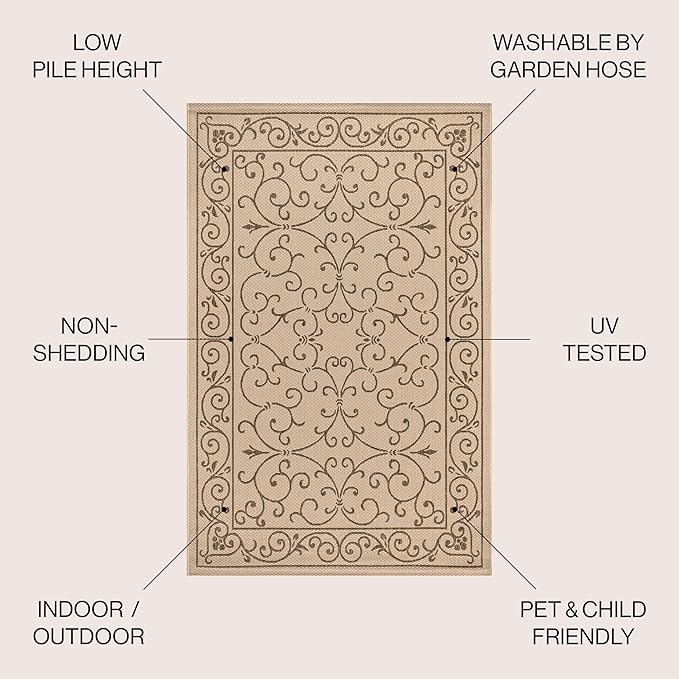 JONATHAN Y Vintage Filigree Indoor Outdoor Area Rug 6X9 Beige/Brown, Charleston Textured Weave for Backyard, Patio, Porch, Easy-Cleaning, High Traffic, Pet-Friendly, Non-Shedding (SMB106A-6)
