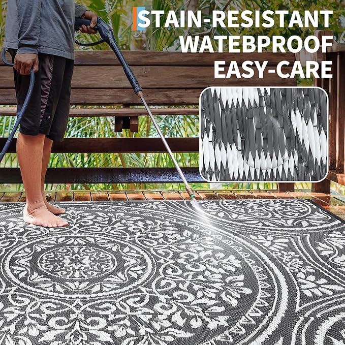 9x12 Outdoor Rug Waterproof Foldable Plastic Straw Carpet for Patio Porch Boho Floral Reversible Mat Lightweight Floor Mat for Picnic, Backyard, Rv, Beach, Deck, Camper, Balcony，Grey/White