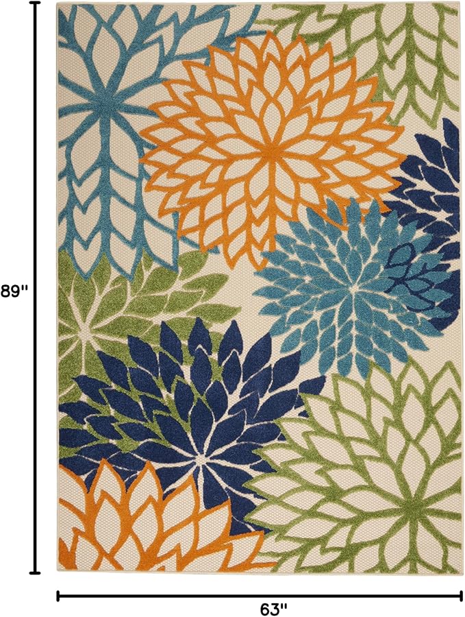 Nourison Home Aloha Indoor/Outdoor Multicolor 5'3" x 7'5" Area Rug, Tropical, Botanical, Easy Clean, Non Shedding, Bed Room, Living Room, Dining Room, Deck, Backyard, Patio (5x7)
