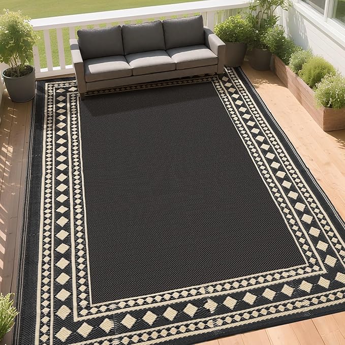 RURALITY Outdoor Rugs 6x9 Waterproof for Patios Clearance,Plastic Straw Mats for Backyard,Porch,Deck,Balcony,Black and Beige