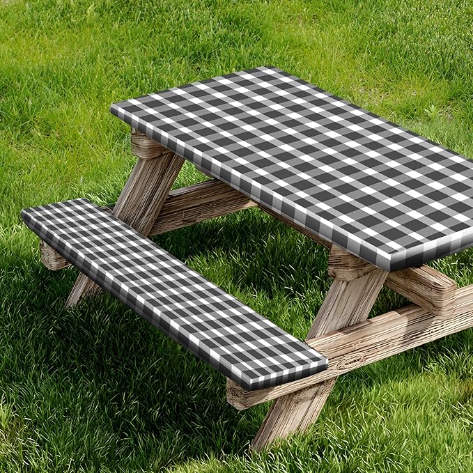 Picnic Table Cover and Bench Covers, Fitted Tablecloth Cover with Elastic Edge, Water and Oil Proof, for Outdoor, Garden, Camping, 96x30 Inch, 3 Pieces Set, Black & White