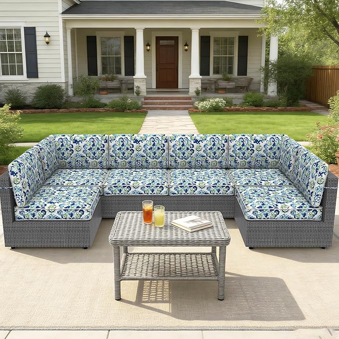 14 Pcs Outdoor Replacement Cushions for Patio Furniture, All Weather Water Resistant Cushion for 6 Seat Rattan Wicker Sectional Patio Conversation Sets and Couch (Summer Ocean)