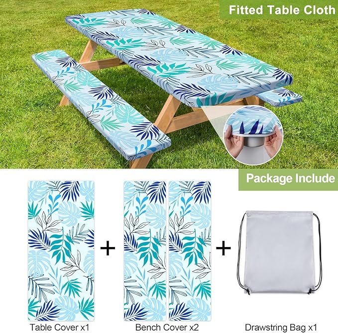 Picnic Table Cover with Bench Covers Camping Essentials Waterproof Windproof Camping Tablecloth with Drawstring Bag, Fitted Rectangle Tables and Seats, 72in, Light Green Blue