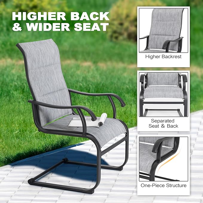 NUU GARDEN Set of 2 Patio Dining Chairs All Weather Outdoor Padded Textilene Chairs with High Back and Spring Motion Design Breathable Outdoor Dining Chairs for Deck Lawn Backyard Grey